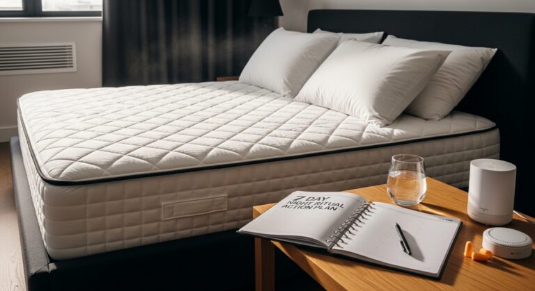 Quarto premium ao amanhecer com colchão de alta qualidade e itens de produtividade noturna