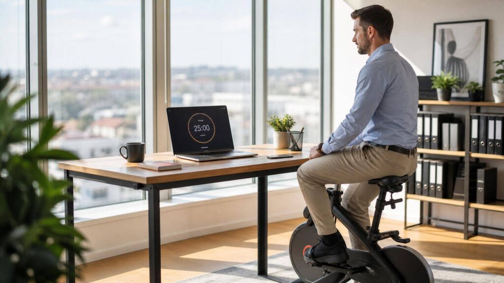 Profissional faz pausa ativa em bicicleta ergométrica ao lado da mesa de trabalho