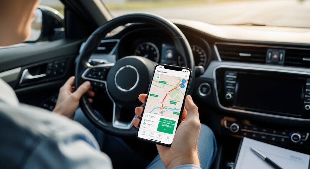 Profissional no carro planejando rota de deslocamento no smartphone