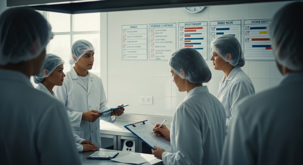 Equipe de cozinha conferindo checklists de higiene e segurança