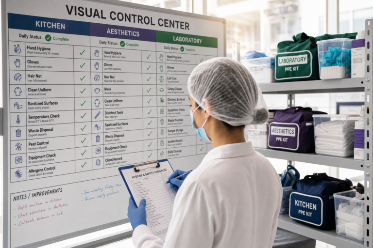 Equipe conferindo checklist de higiene e segurança em quadro visual