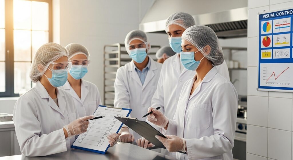 Equipe usando EPI e consultando checklist de higiene e segurança