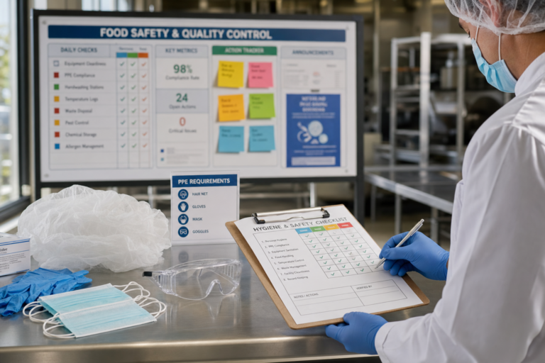 Profissional revisando checklist de higiene e segurança com kits de EPI em cozinha