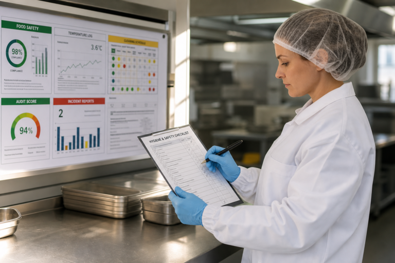 Trabalhador em cozinha conferindo checklist de higiene e segurança usando EPIs