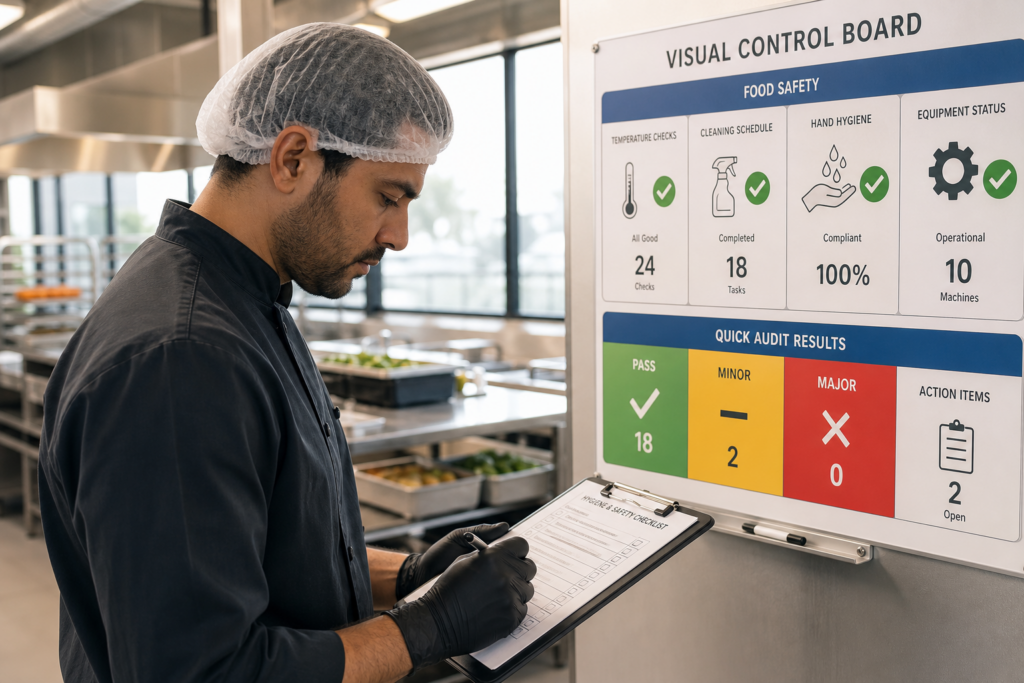 Profissional verificando checklist de higiene com quadro de controle colorido ao fundo