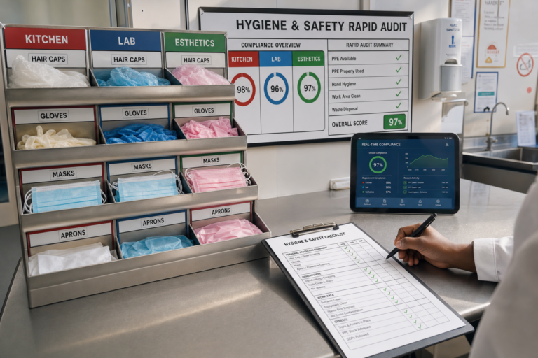 Estação de segurança com kits de EPI organizados e checklist de higiene