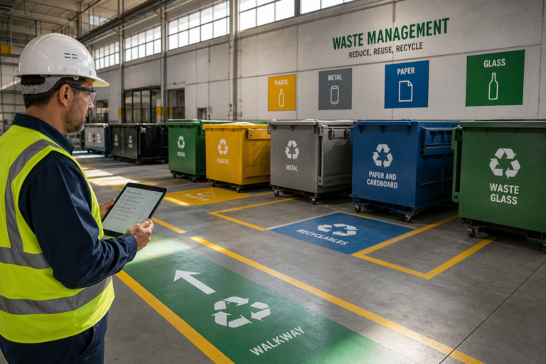 Área de gestão de resíduos industrial com contêineres organizados e sinalização interna