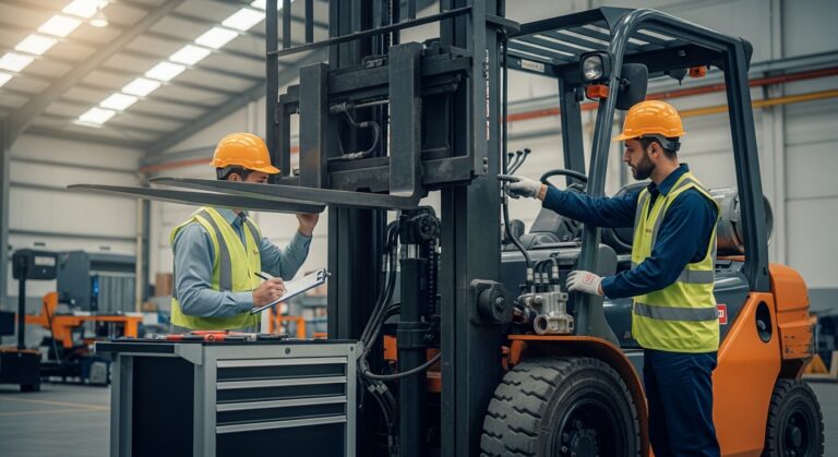 Técnicos realizando manutenção preventiva em empilhadeira em galpão industrial