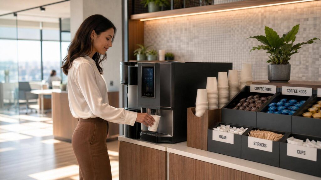 Área de café organizada com dispenser de copos descartáveis e ilhas de suprimento