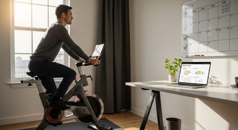 Pessoa em pausa ativa no home office pedalando bicicleta ergométrica ao lado de calendário semanal