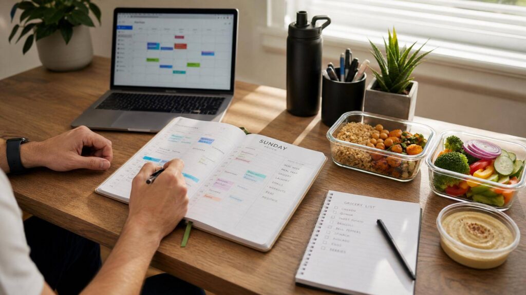 Pessoa planejando a semana em mesa com planner e marmitas