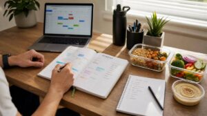 Pessoa planejando a semana em mesa com planner e marmitas