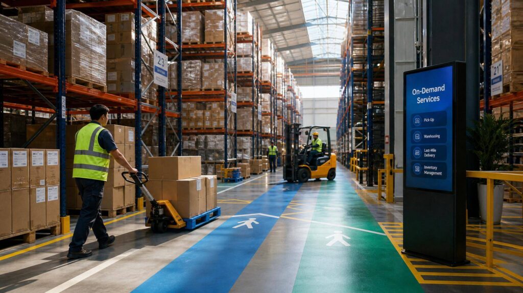 Funcionários movimentando materiais em um armazém moderno