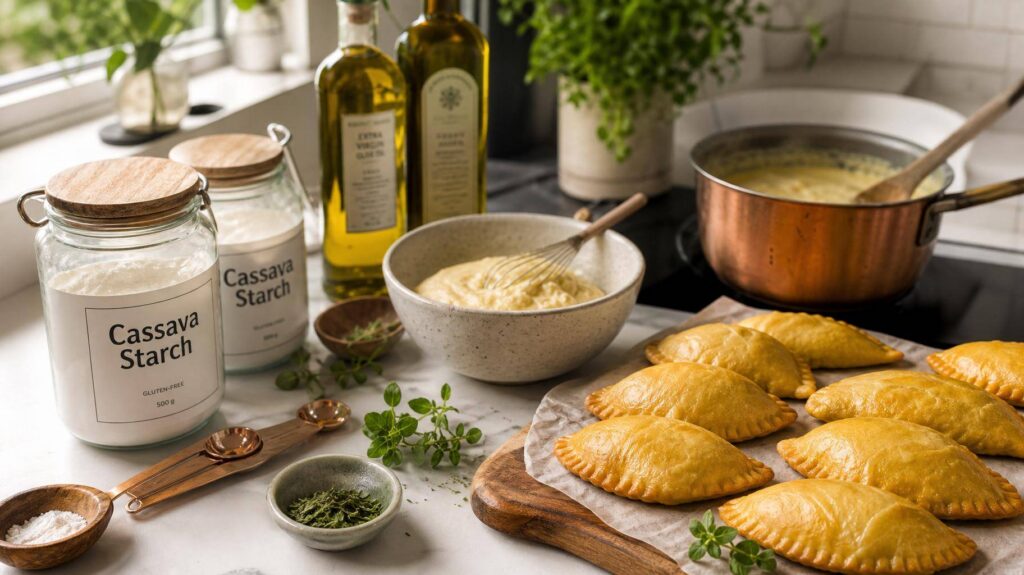 Bancada de cozinha com fécula de mandioca e ingredientes versáteis