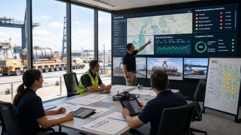 Sala de controle de logística com operadores monitorando transporte de carga pesada em telas digitais