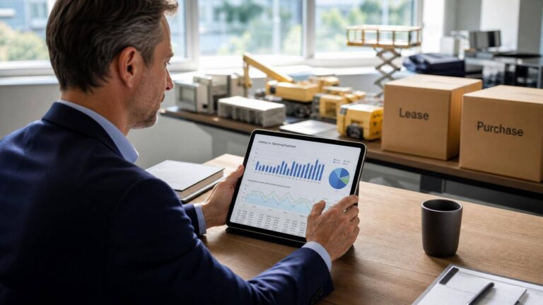 Gestor em escritório moderno analisando gráficos de OpEx em tablet
