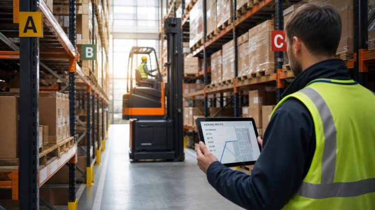 Empilhadeira retrátil extraindo pallets em corredor estreito com etiquetas ABC coloridas