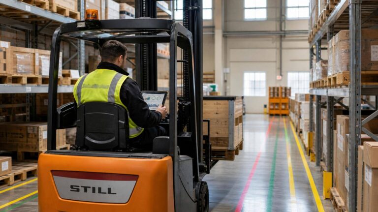 Empilhadeira semi elétrica movimentando pallets em corredor estreito de estoque organizado