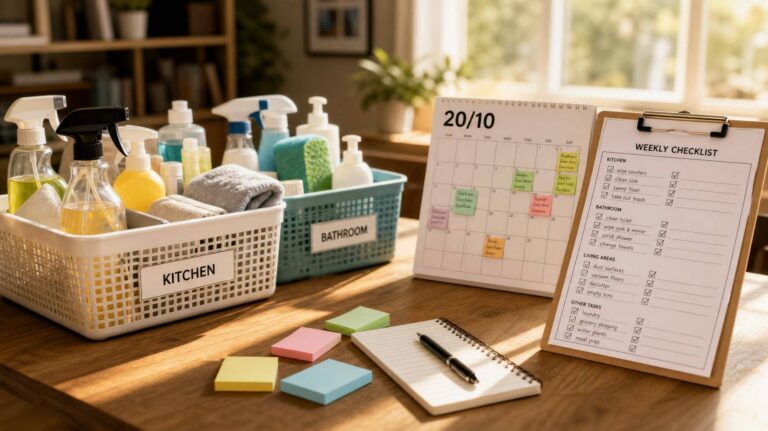Kits de limpeza organizados e plano doméstico sobre mesa