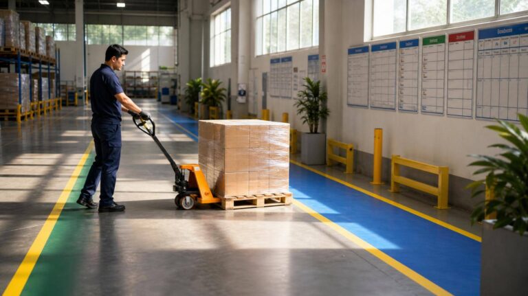 Trabalhador em armazém movimentando carga com transpalete manual em corredor organizado