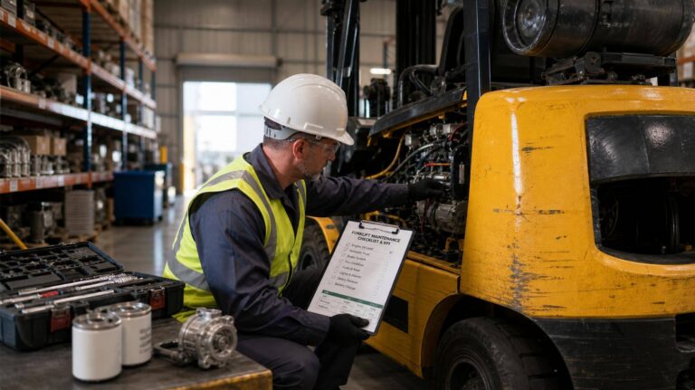 Técnico realizando manutenção em empilhadeira no armazém