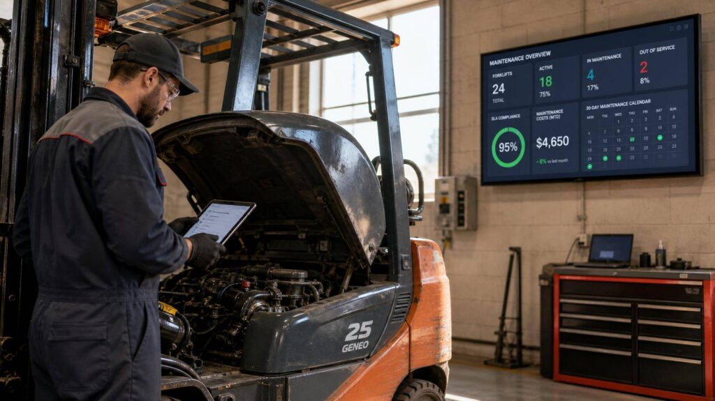 Técnico inspecionando empilhadeira com checklist digital e painel de controle de manutenção