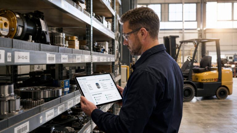 Técnico inspecionando peças de empilhadeira em armazém com tablet