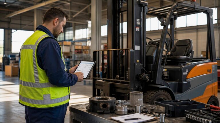 Técnico inspecionando empilhadeira em galpão industrial