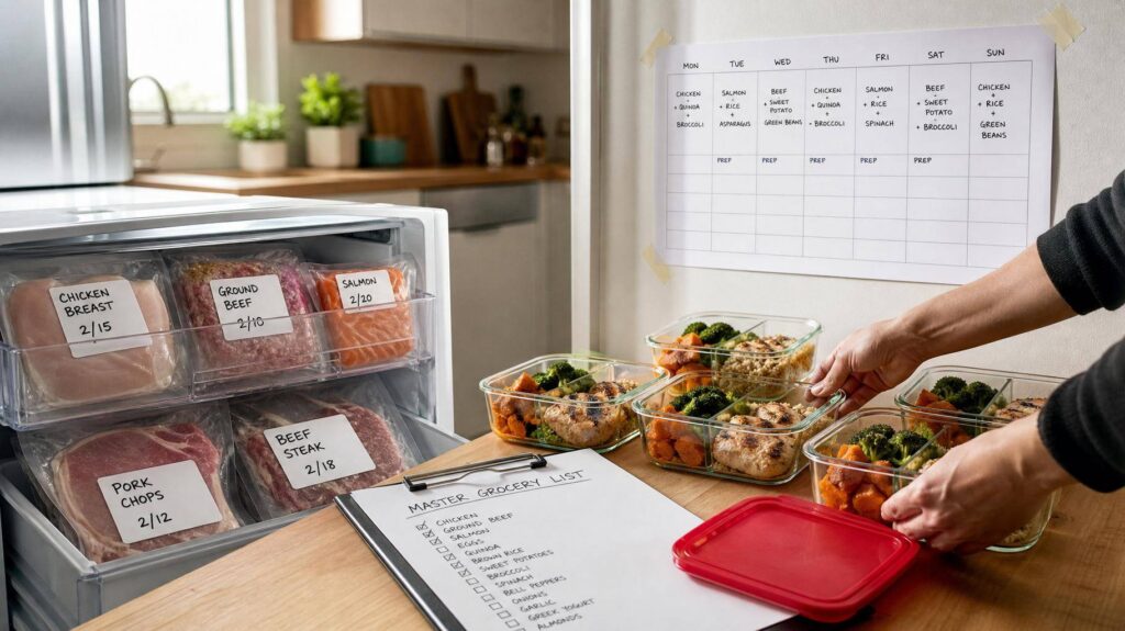 Mãos organizando refeições em recipientes de vidro, lista de compras e calendário de refeições na cozinha iluminada