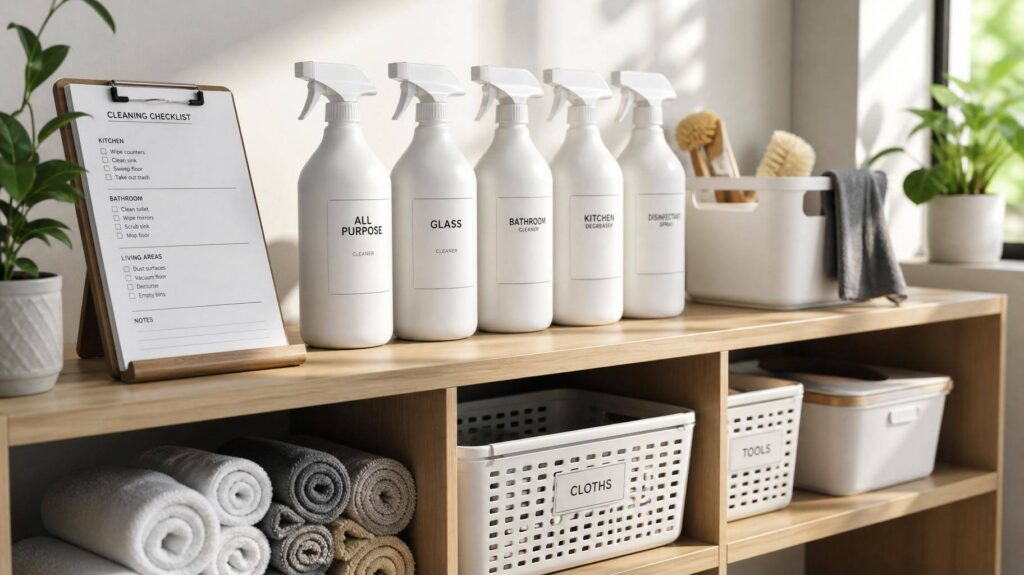 Kit de limpeza organizado com produtos padronizados e checklist