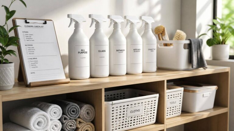 Kit de limpeza organizado com produtos padronizados e checklist