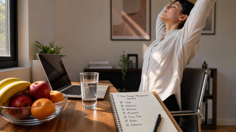 Pessoa alongando-se ao lado de mesa de trabalho com laptop, água e frutas