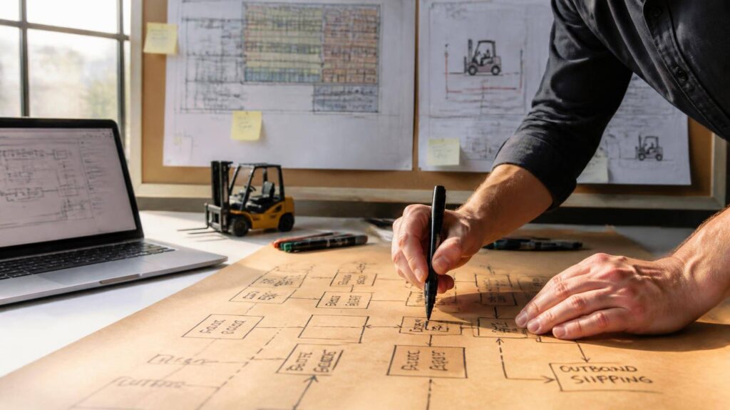Mãos desenhando fluxograma em papel com layout de armazém e maquete de empilhadeira