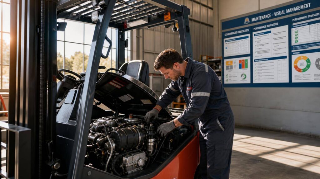 Técnico realizando manutenção em empilhadeira com gestão visual em armazém iluminado