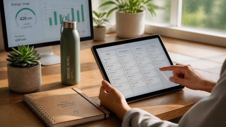 Pessoa organizando tarefas em tablet com itens sustentáveis em escritório moderno