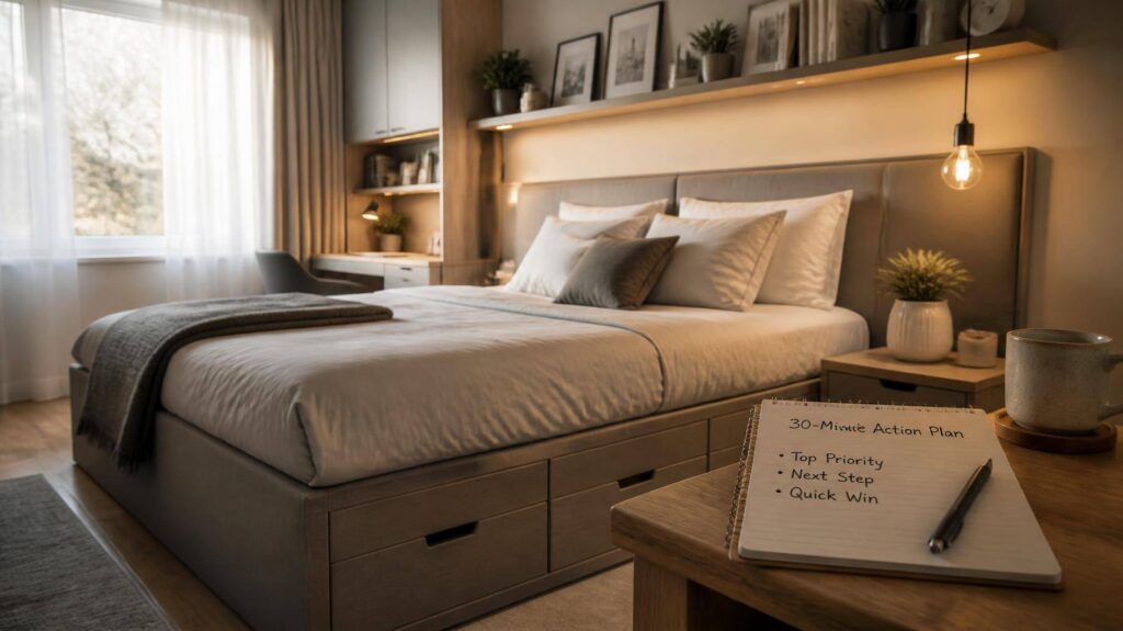 Quarto organizado com cama box, iluminação natural e itens de planejamento matinal