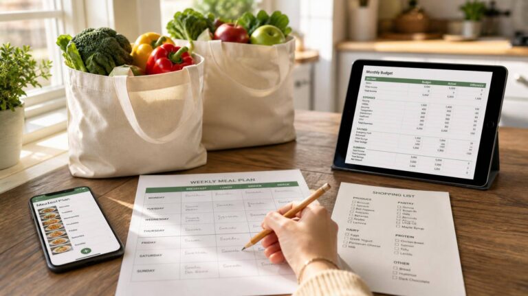 Mesa de cozinha organizada com planner semanal, lista de compras e sacolas reutilizáveis cheias de verduras