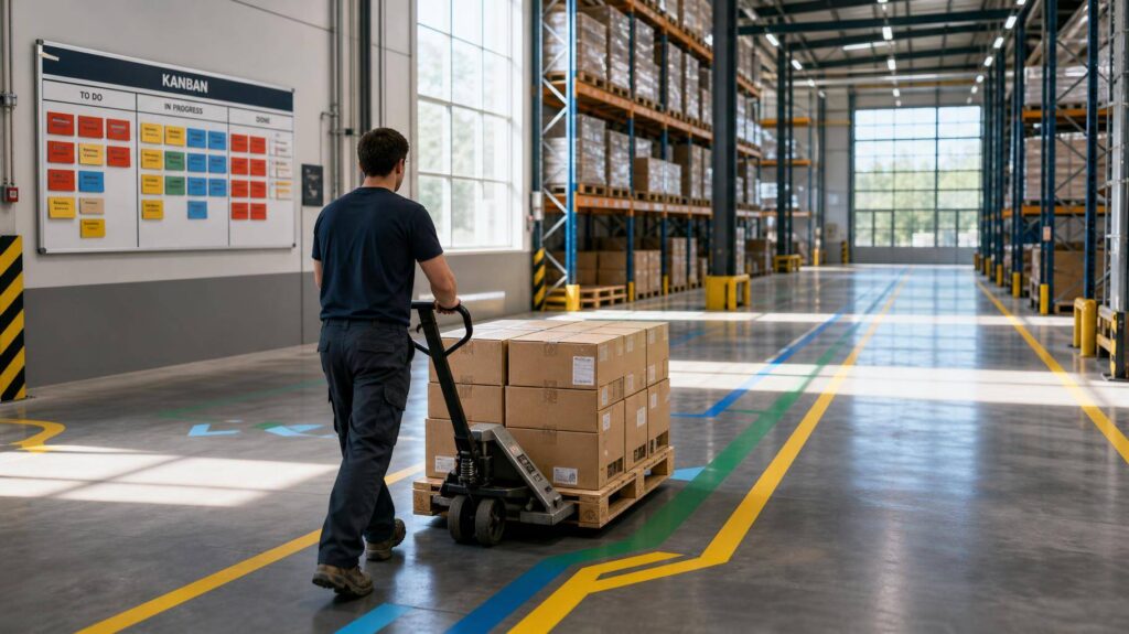 Operário movimentando materiais com transpalete manual em um galpão organizado com rotas e quadro kanban