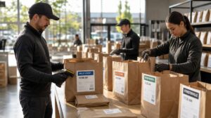 Estação de empacotamento com sacolas kraft e funcionário organizando pedidos