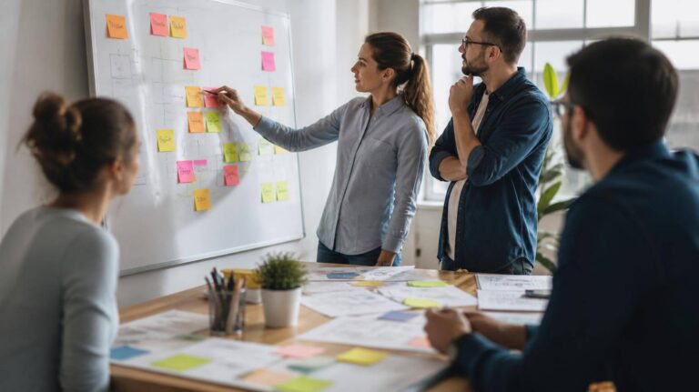 Equipe de profissionais colaborando em um escritório moderno, usando post-its e diagramas de fluxo em um quadro branco