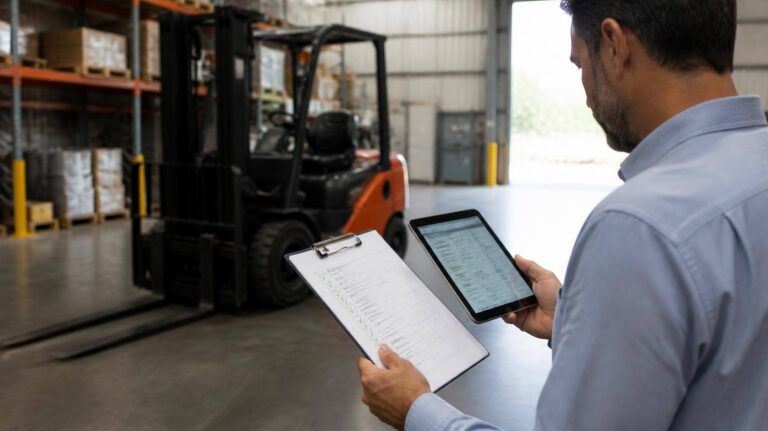 Gestor de operações com checklist e tablet em armazém ao lado de empilhadeira.